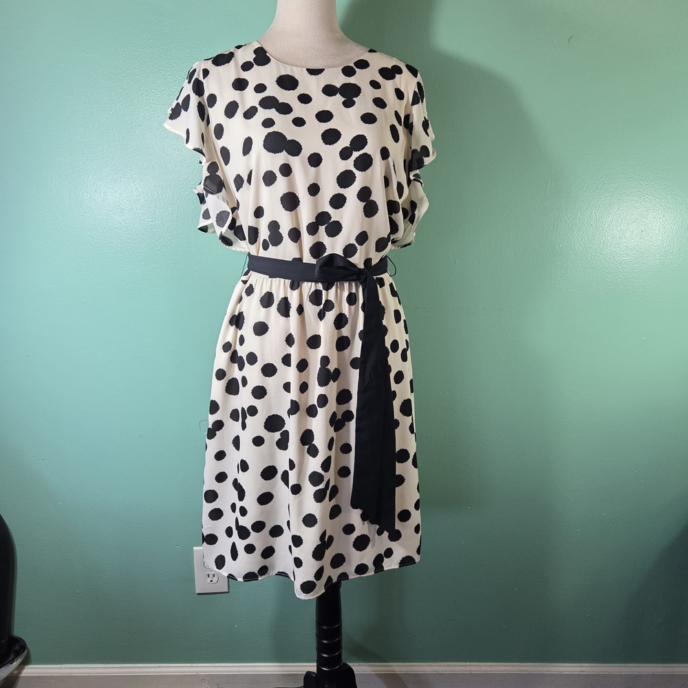 Nicole Miller Black and Cream Polka Dot Belted Dress Size 12